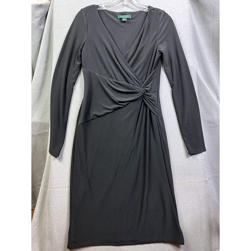 Lauren Ralph Lauren Black Long Sleeve Side Twist Faux‎ Wrap Sheath Dress 4